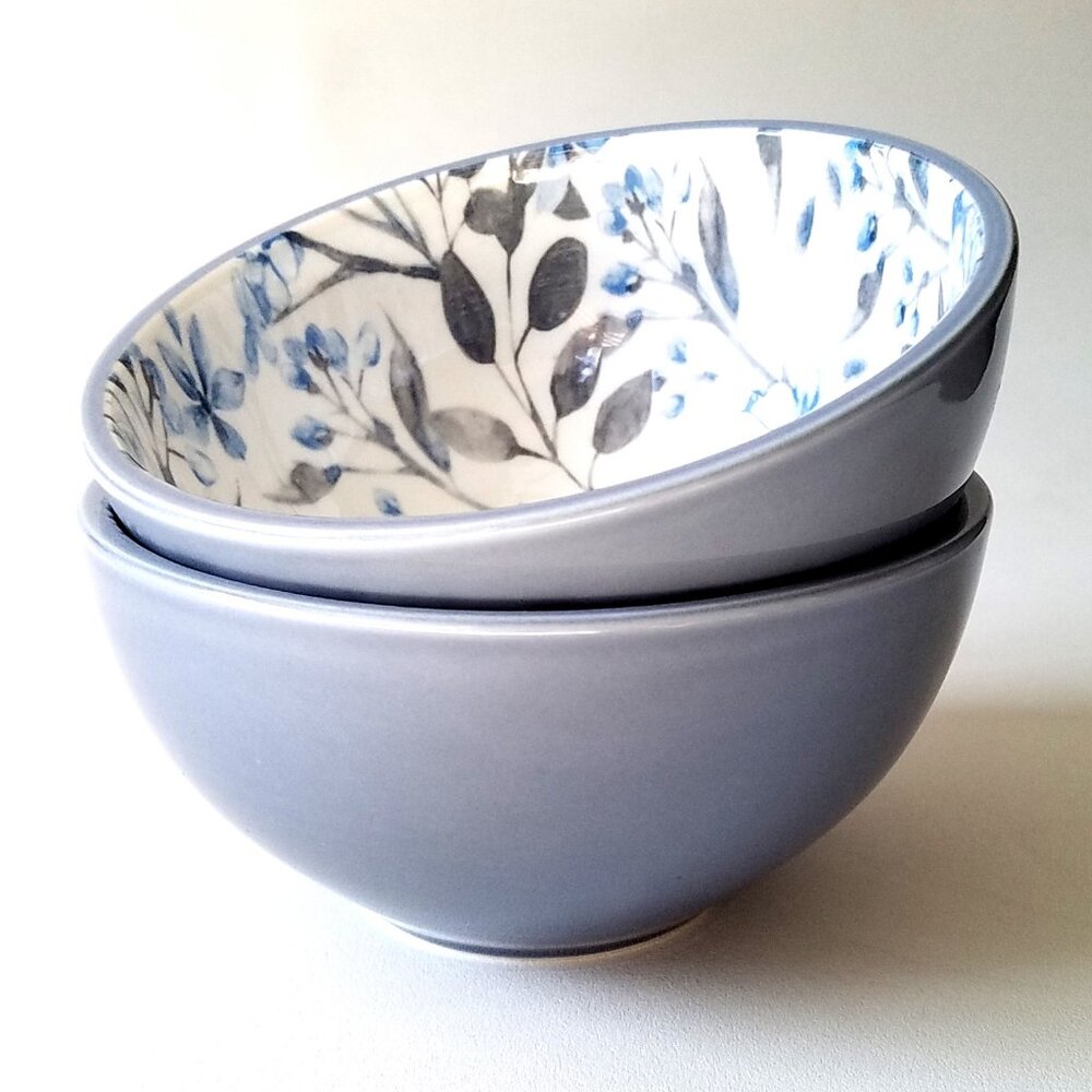 Set of Two Signature Housewares Grey Floral Bowls